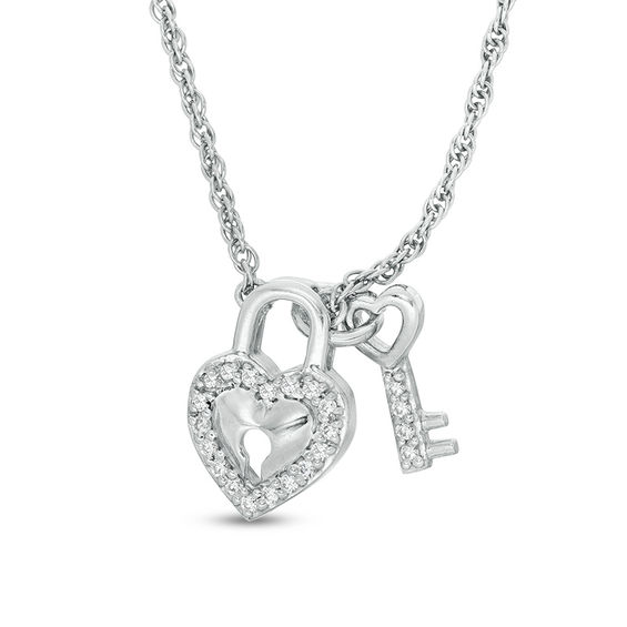 1/20 CT. T.W. Diamond HeartShaped Lock and Key Charms Necklace in