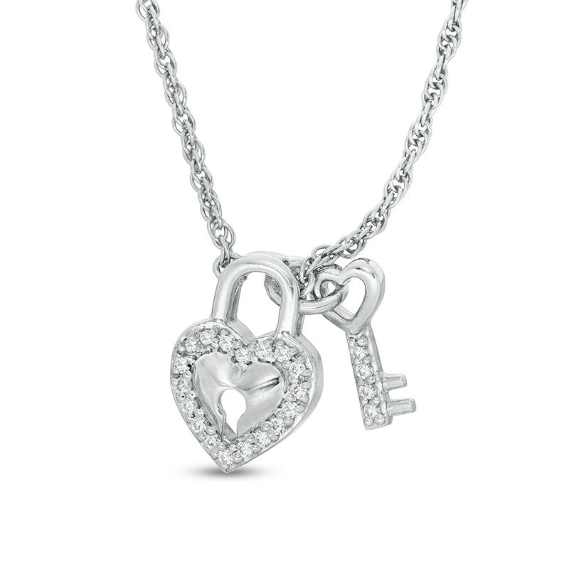 Main Image 1 of 1/20 CT. T.W. Diamond Heart-Shaped Lock and Key Charms Necklace in Sterling Silver