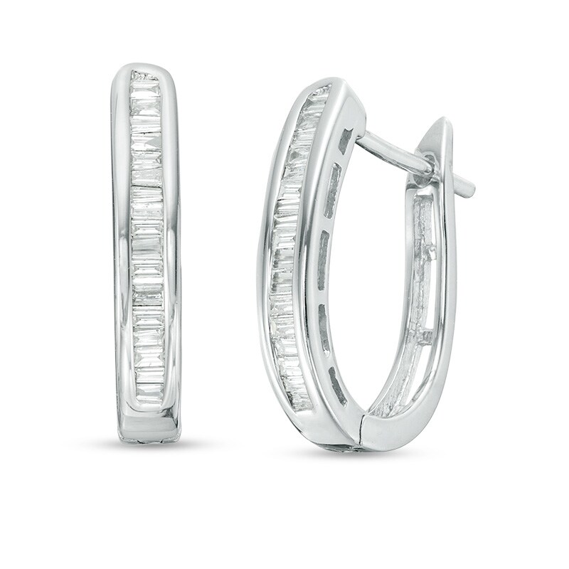 Main Image 1 of 1/4 CT. T.W. Baguette Diamond Hoop Earrings in 10K White Gold