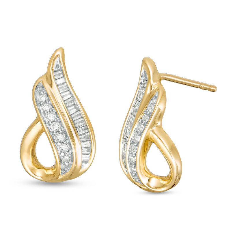 Main Image 1 of 1/5 CT. T.W. Baguette and Round Diamond Teardrop Earrings in 10K Gold
