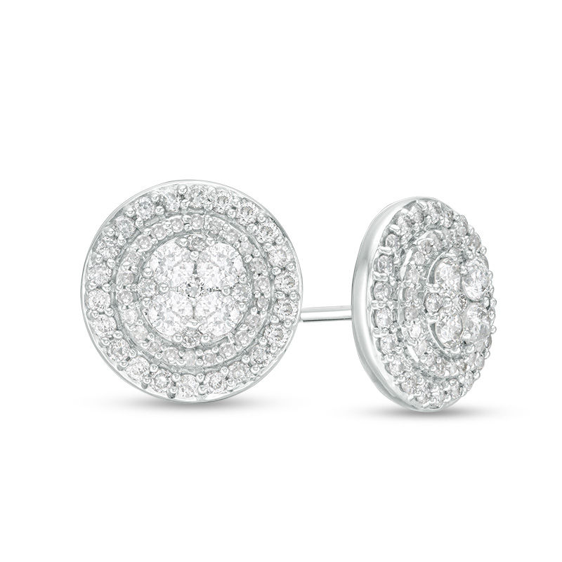 1 CT. T.W. Quad Diamond Double Circle Frame Stud Earrings in 10K White Gold
