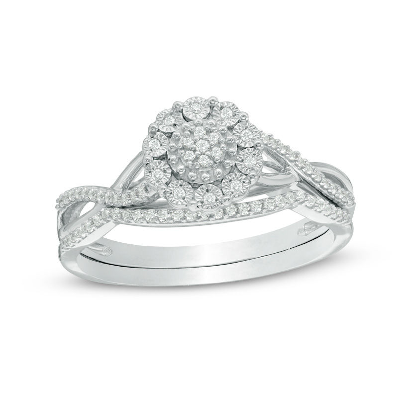 1/6 CT. T.W. Composite Diamond Flower Twist Bridal Set in Sterling Silver