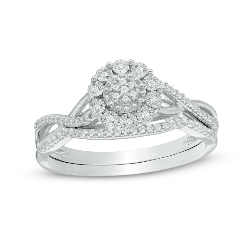 Main Image 1 of 1/6 CT. T.W. Composite Diamond Flower Twist Bridal Set in Sterling Silver