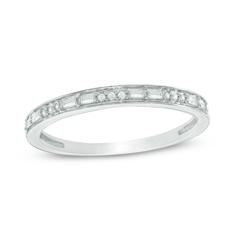 Main Image 1 of 1/8 CT. T.W. Baguette and Round Diamond Alternating Diamond Anniversary Band in 10K White Gold