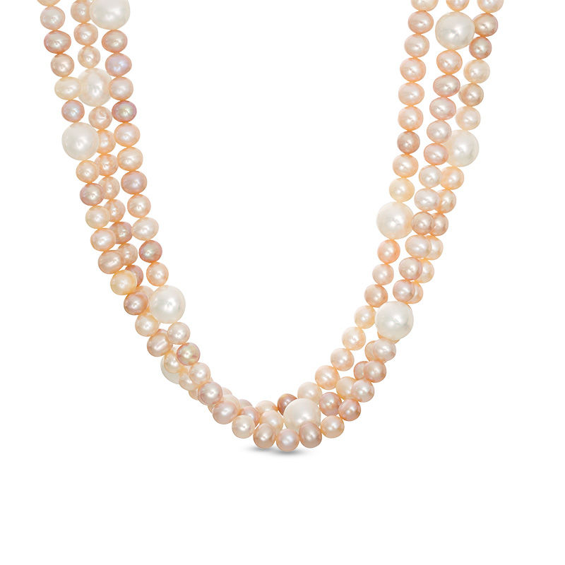 5.0 - 9.0mm Baroque Pink, Peach and White Cultured Freshwater Pearl Triple Strand Necklace with 14K Gold Ball Clasp