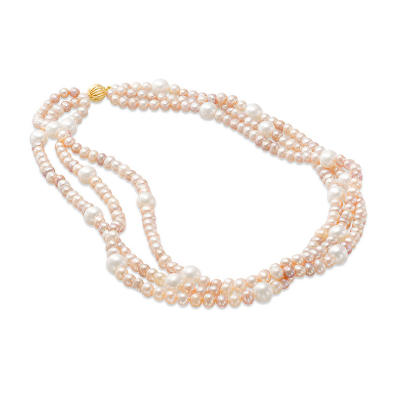 5.0 - 9.0mm Baroque Pink, Peach and White Cultured Freshwater Pearl Triple Strand Necklace with 14K Gold Ball Clasp