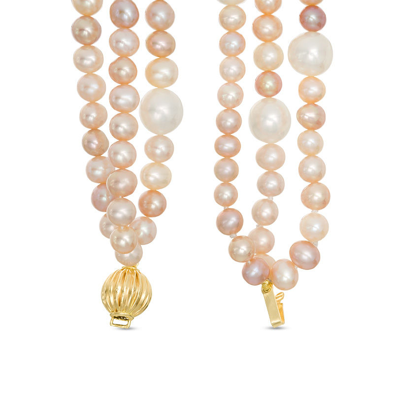 5.0 - 9.0mm Baroque Pink, Peach and White Cultured Freshwater Pearl Triple Strand Necklace with 14K Gold Ball Clasp