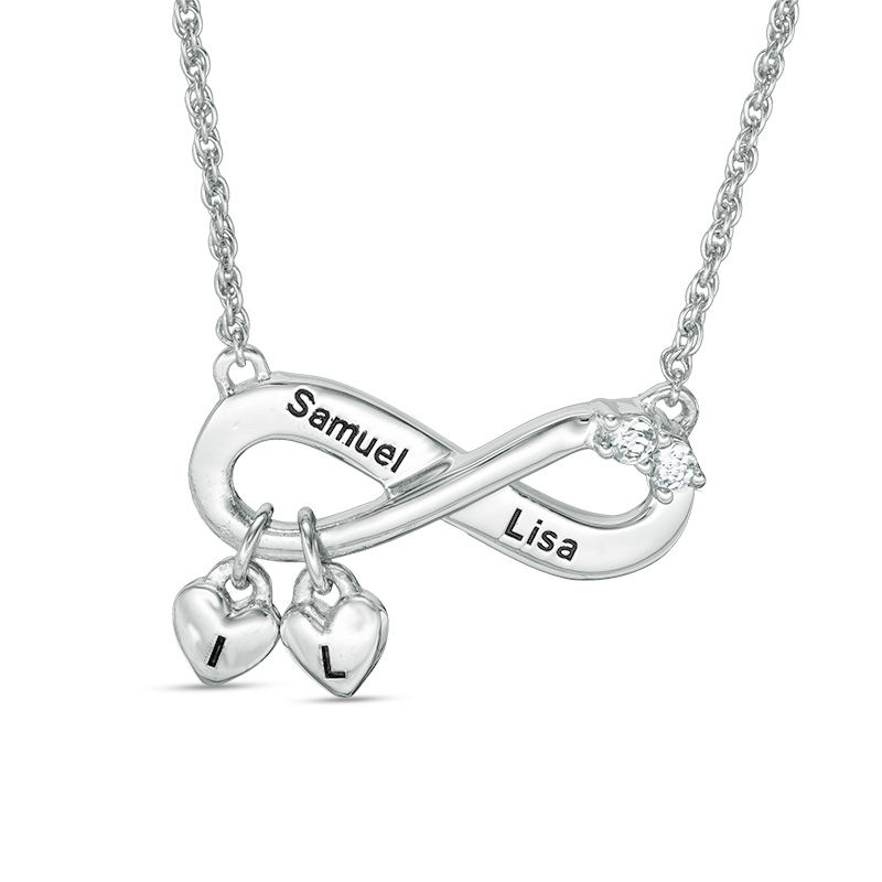 Main Image 1 of Simulated Birthstone Infinity with Heart Charm Necklace in Sterling Silver (2 Stones, Names and Initials)