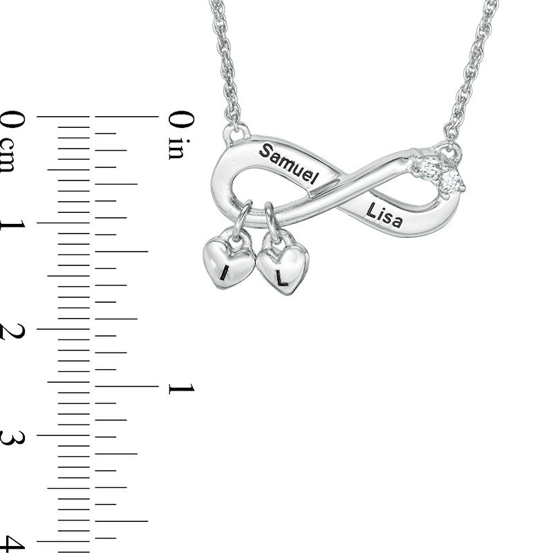 Main Image 2 of Simulated Birthstone Infinity with Heart Charm Necklace in Sterling Silver (2 Stones, Names and Initials)