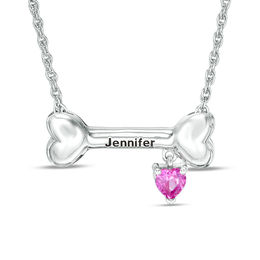 4.0mm Heart-Shaped Simulated Birthstone Charm Dog Bone Necklace in Sterling Silver (1 Stone and Name)