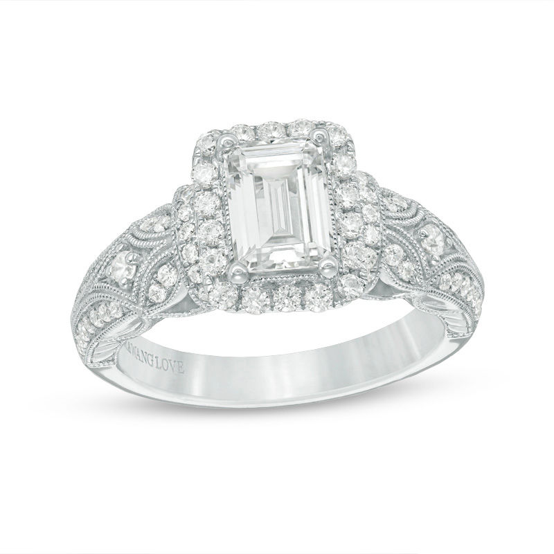 Vera Wang Love Collection 1-1/2 CT. T.W. Emerald-Cut Diamond Frame Vintage-Style Engagement Ring in 14K White Gold