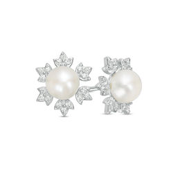 6.0 - 6.5mm Cultured Freshwater Pearl and Lab-Created White Sapphire Snowflake Stud Earrings in Sterling Silver