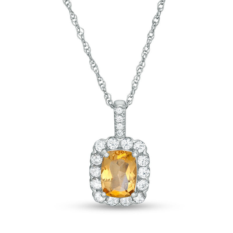 Main Image 1 of Cushion-Cut Citrine and Lab-Created White Sapphire Frame Pendant in Sterling Silver