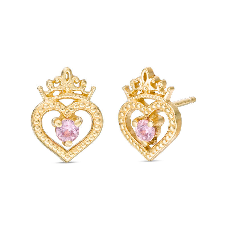 Child's Disney Twinkle Princess Pink Sapphire Beaded Heart with Tiara Stud Earrings in 14K Gold