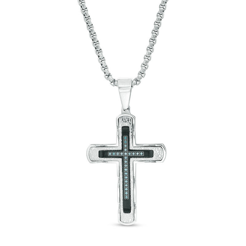 Men's 1/8 CT. T.W. Enhanced Blue Diamond Cross Pendant in Two-Tone Stainless Steel - 24"