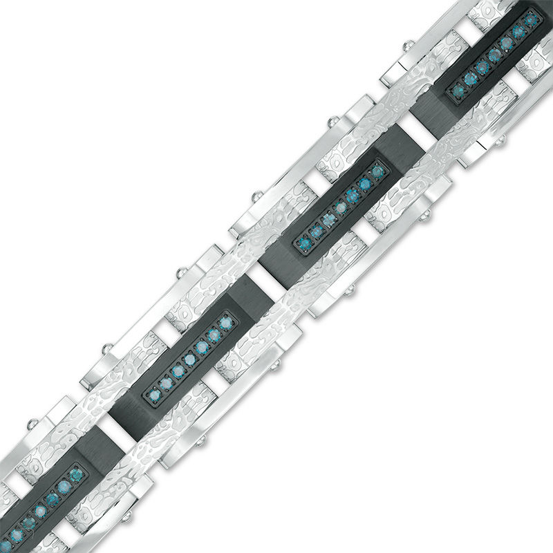 Main Image 1 of Men’s 1/2 CT. T.W. Enhanced Blue Diamond Triple Row Bracelet in Stainless Steel and Black IP - 8.5"