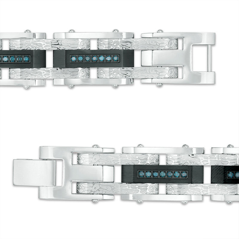 Main Image 2 of Men’s 1/2 CT. T.W. Enhanced Blue Diamond Triple Row Bracelet in Stainless Steel and Black IP - 8.5"