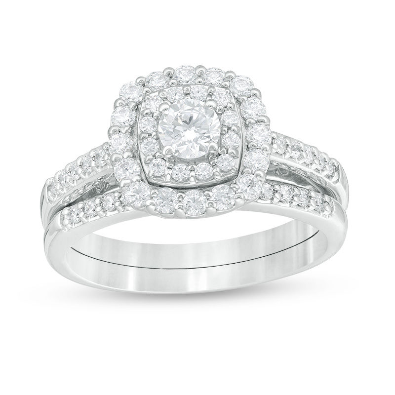 1 CT. T.W. Diamond Double Cushion Frame Bridal Set in 14K White Gold