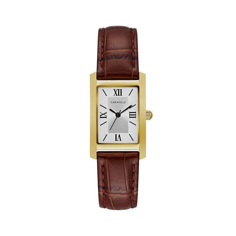Main Image 1 of Ladies' Caravelle by Bulova Gold-Tone Strap Watch with Rectangular Silver-Tone Dial (Model: 44L234)
