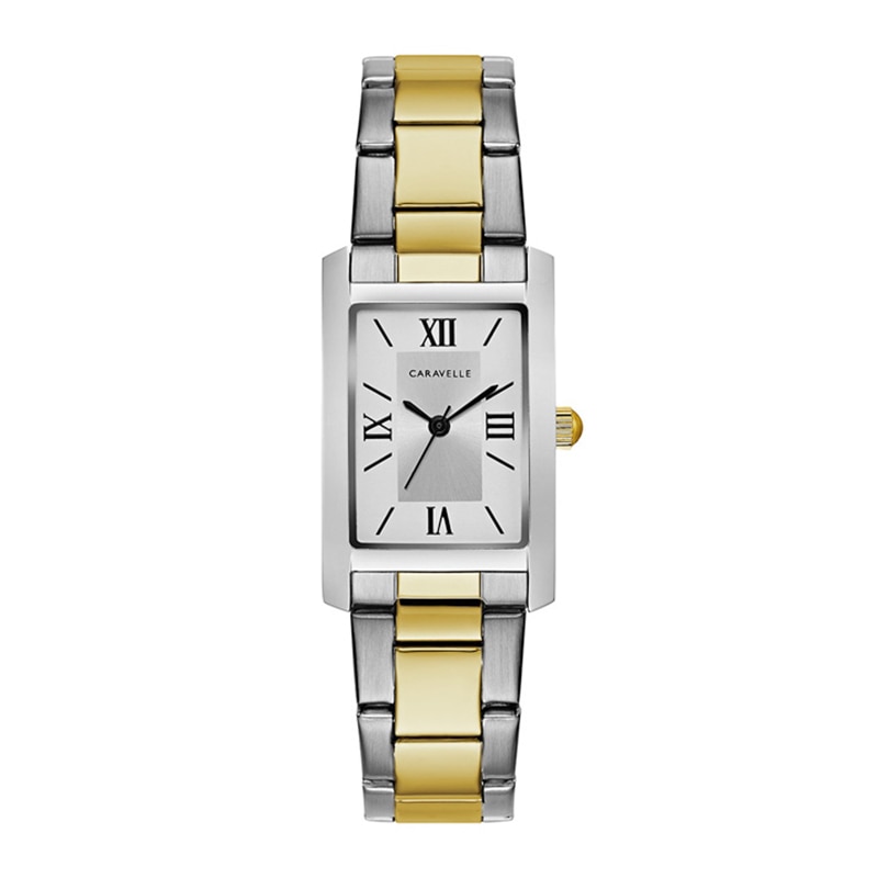 Ladies' Caravelle by Bulova Two-Tone Watch with Rectangular Silver-Tone Dial (Model: 45L167)