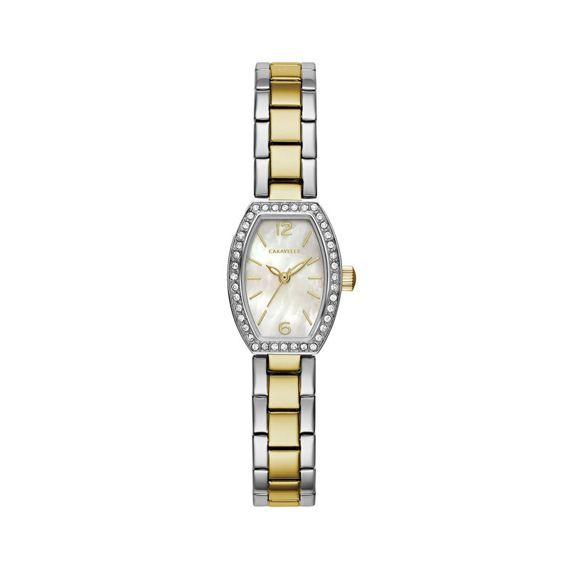Main Image 1 of Ladies' Caravelle by Bulova Crystal Accent Two-Tone Watch with Tonneau Mother-of-Pearl Dial (Model: 45L168)