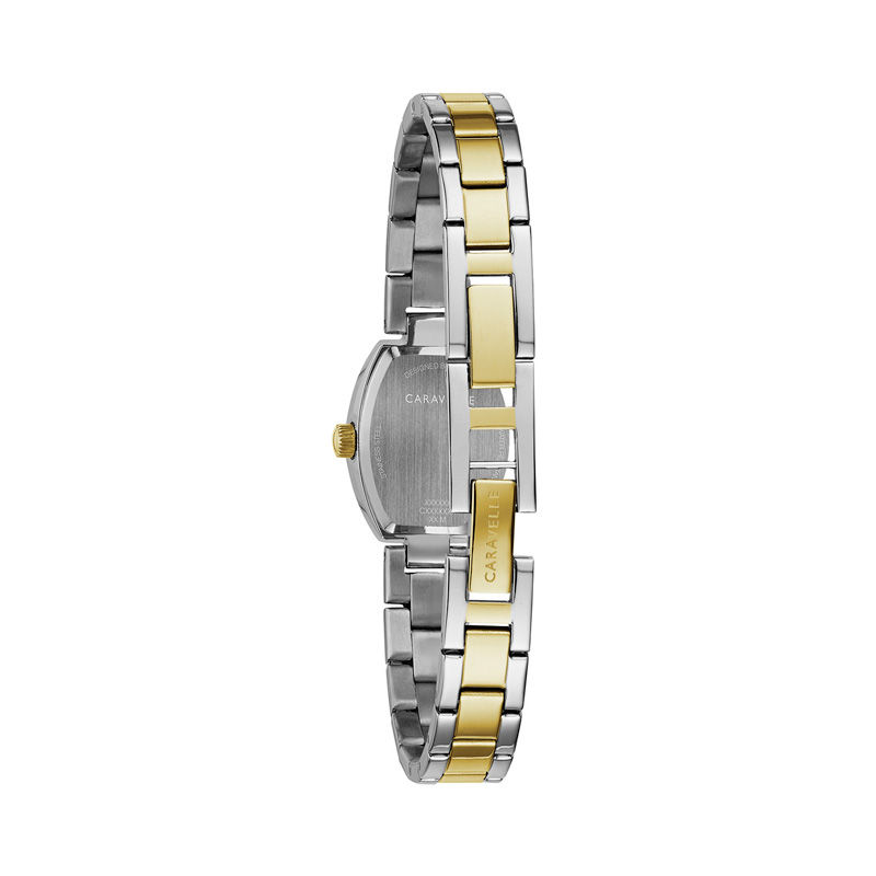 Ladies' Caravelle by Bulova Crystal Accent Two-Tone Watch with Tonneau Mother-of-Pearl Dial (Model: 45L168)