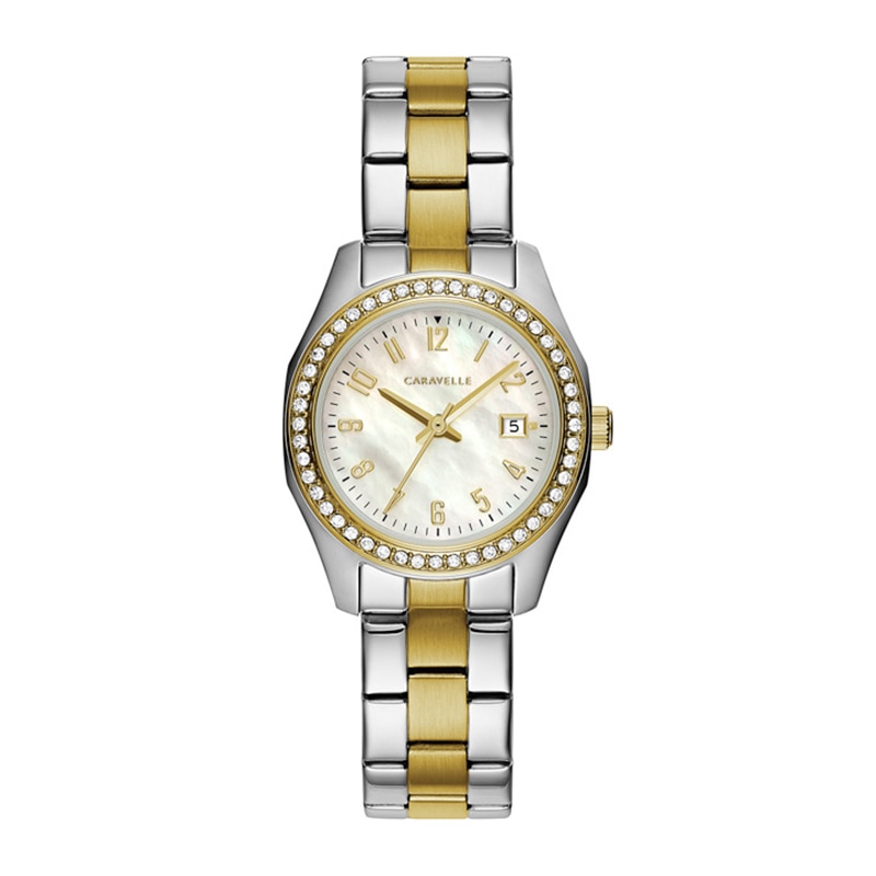Main Image 1 of Ladies' Caravelle by Bulova Petite Collection Crystal Accent Two-Tone Watch with Mother-of-Pearl Dial (Model: 45M113)