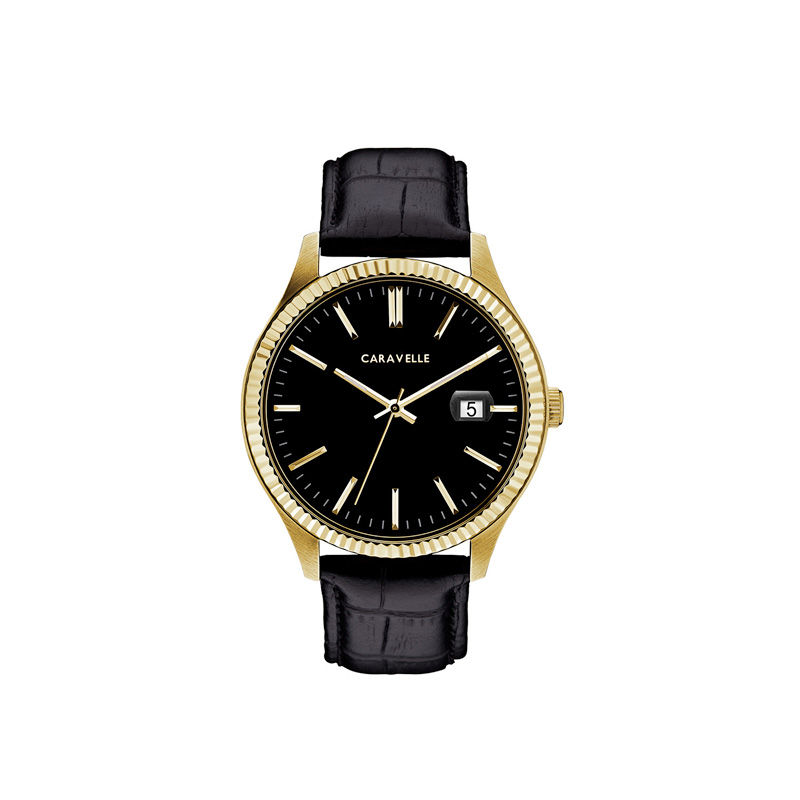 Main Image 1 of Men's Caravelle by Bulova Gold-Tone Strap Watch with Black Dial (Model: 44B118)