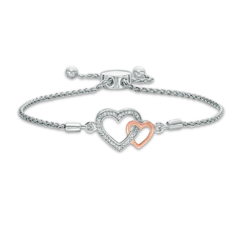 Main Image 1 of Diamond Accent Interlocking Hearts Bolo Bracelet in Sterling Silver and 10K Rose Gold - 9.5"