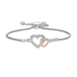 Diamond Accent Interlocking Hearts Bolo Bracelet in Sterling Silver and 10K Rose Gold - 9.5&quot;