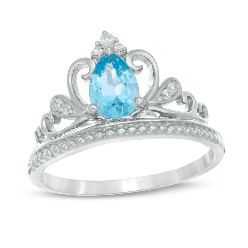 Main Image 1 of Pear-Shaped Swiss Blue Topaz and Lab-Created White Sapphire Tiara Ring in Sterling Silver