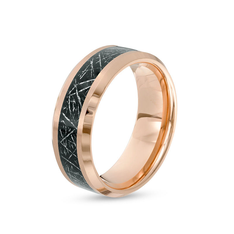 Main Image 2 of 8.0mm Satin Carbon Fiber Center Wedding Band in Rose-Tone IP Tantalum