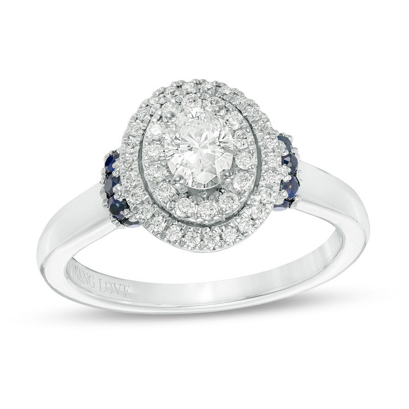 Main Image 1 of Vera Wang Love Collection 5/8 CT. T.W. Oval Diamond and Blue Sapphire Double Frame Engagement Ring in 14K White Gold