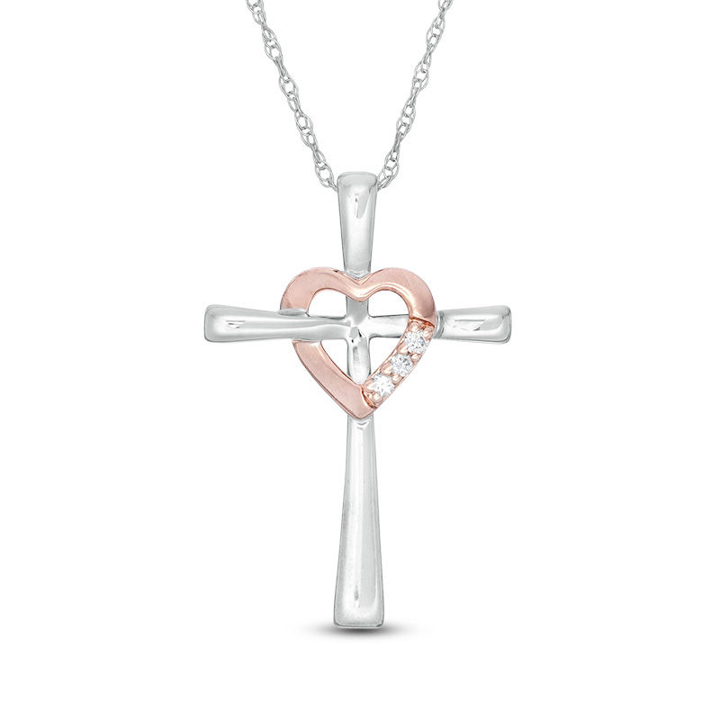 Diamond Accent Cross with Heart Pendant in 10K Two-Tone Gold