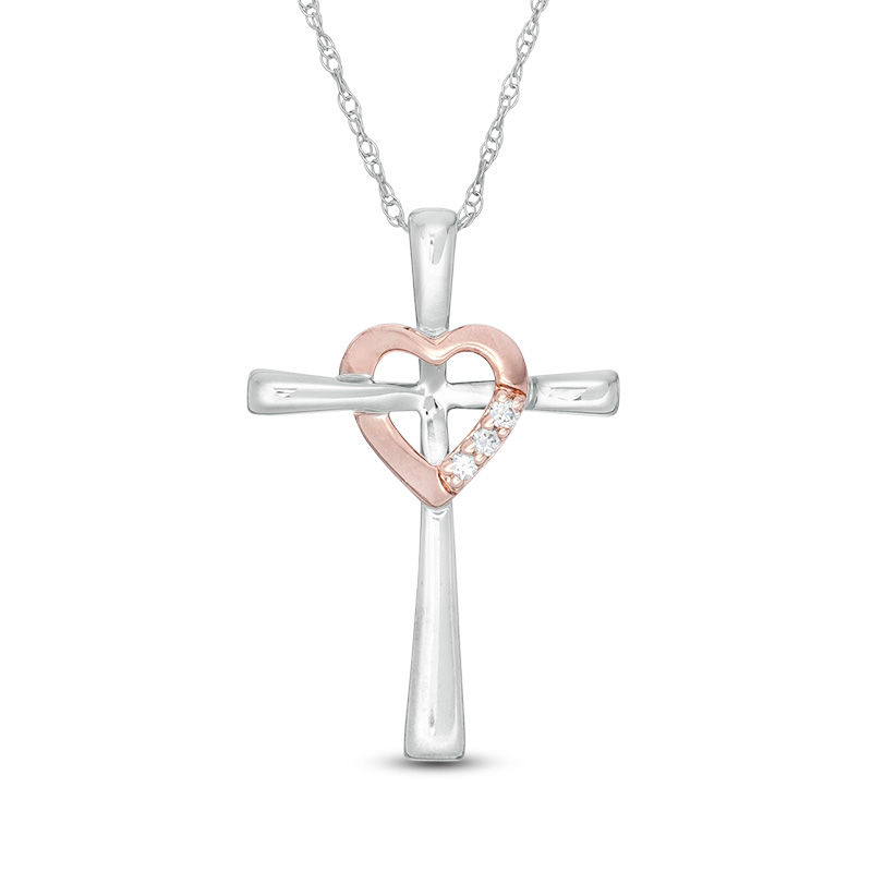 Main Image 1 of Diamond Accent Cross with Heart Pendant in 10K Two-Tone Gold