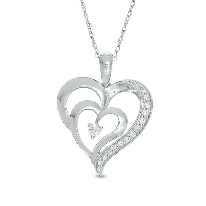 Main Image 1 of 1/8 CT. T.W. Diamond Double Heart Pendant in 10K White Gold