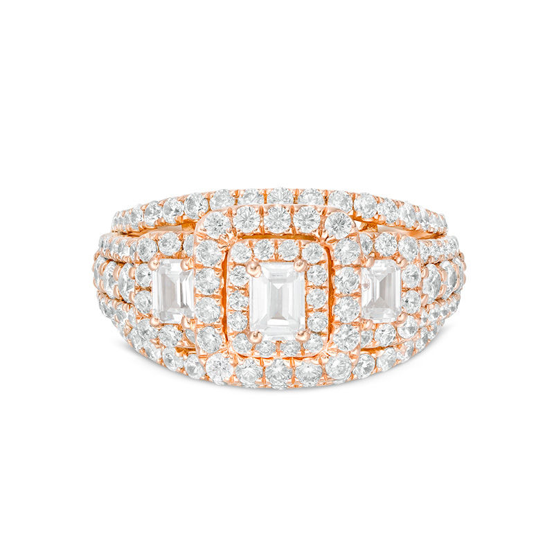 Main Image 1 of 2-1/2 CT. T.W. Certified Emerald-Cut Diamond Past Present Future® Split Shank Engagement Ring in 14K Rose Gold (I/SI2)
