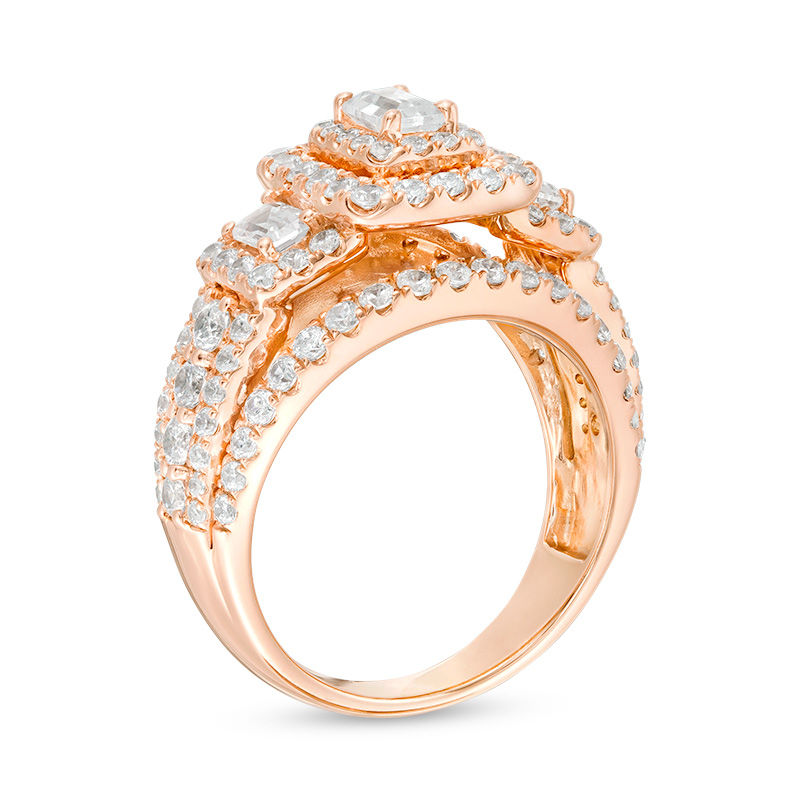 2-1/2 CT. T.W. Certified Emerald-Cut Diamond Past Present Future® Split Shank Engagement Ring in 14K Rose Gold (I/SI2)