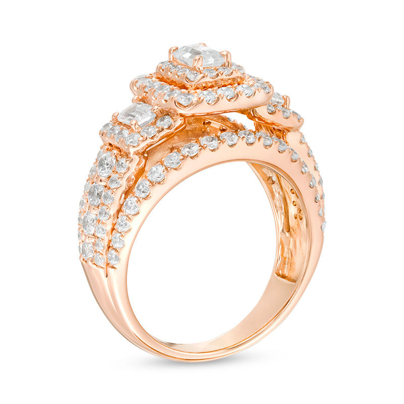 Main Image 2 of 2-1/2 CT. T.W. Certified Emerald-Cut Diamond Past Present Future® Split Shank Engagement Ring in 14K Rose Gold (I/SI2)