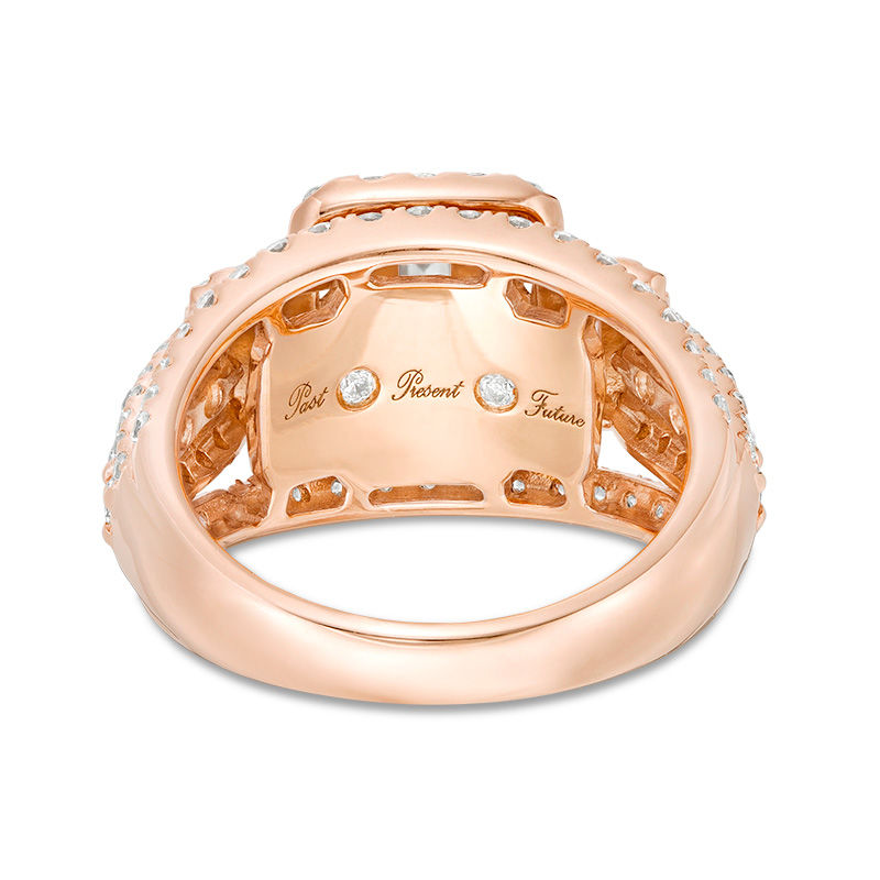 2-1/2 CT. T.W. Certified Emerald-Cut Diamond Past Present Future® Split Shank Engagement Ring in 14K Rose Gold (I/SI2)