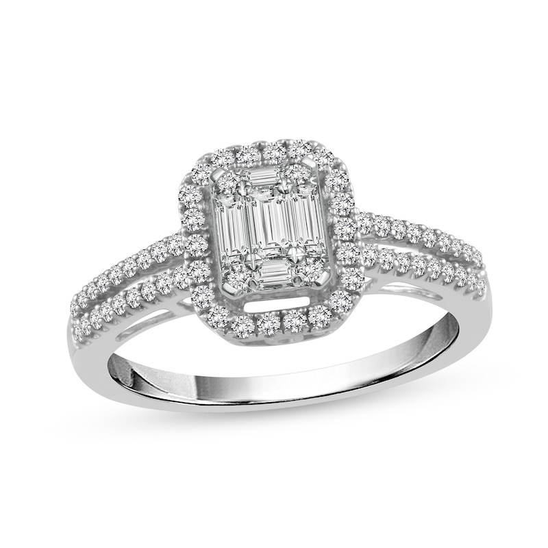 Main Image 1 of 1/2 CT. T.W. Multi-Diamond Rectangle Frame Double Row Engagement Ring in 14K White Gold