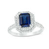 Thumbnail Image 0 of Emerald-Cut Lab-Created Blue and White Sapphire Double Octagonal Frame Ring in Sterling Silver