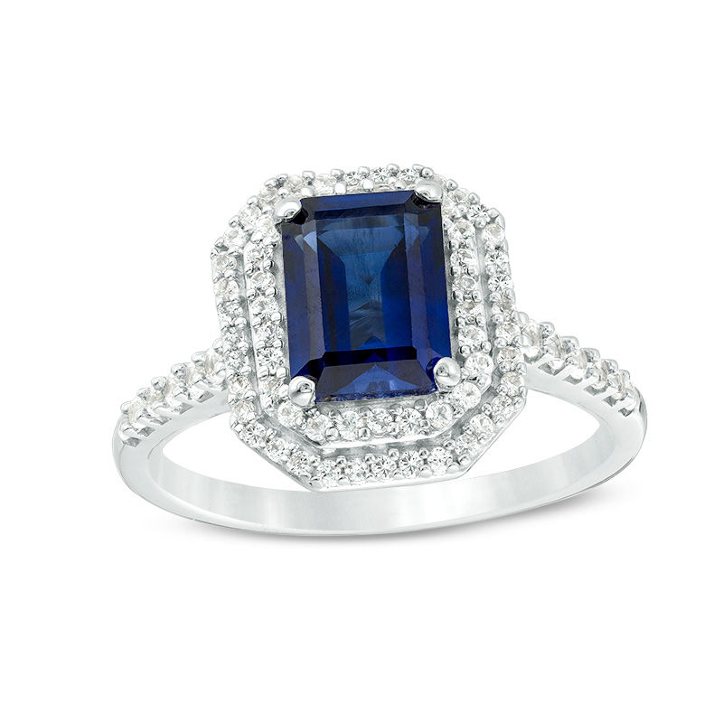 Emerald-Cut Lab-Created Blue and White Sapphire Double Octagonal Frame ...