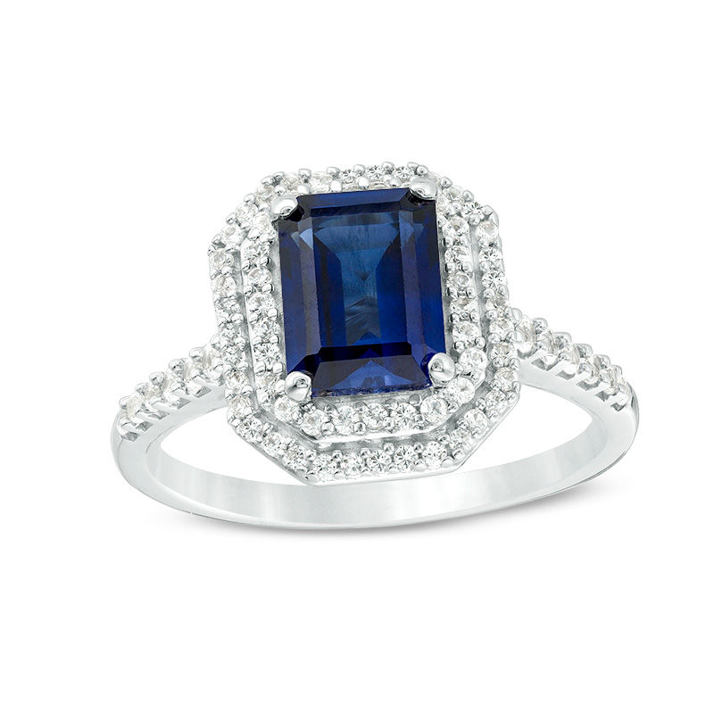 Main Image 1 of Emerald-Cut Lab-Created Blue and White Sapphire Double Octagonal Frame Ring in Sterling Silver