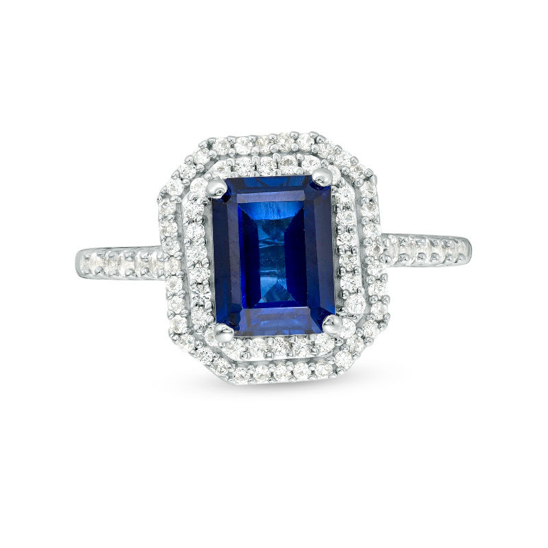 Emerald-Cut Lab-Created Blue and White Sapphire Double Octagonal Frame Ring in Sterling Silver