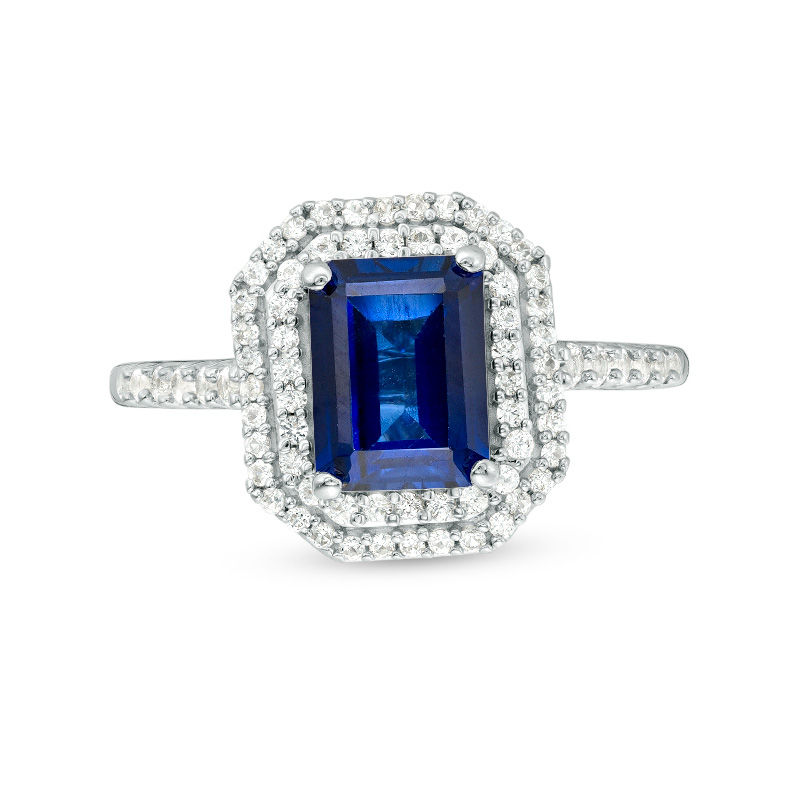 Main Image 3 of Emerald-Cut Lab-Created Blue and White Sapphire Double Octagonal Frame Ring in Sterling Silver