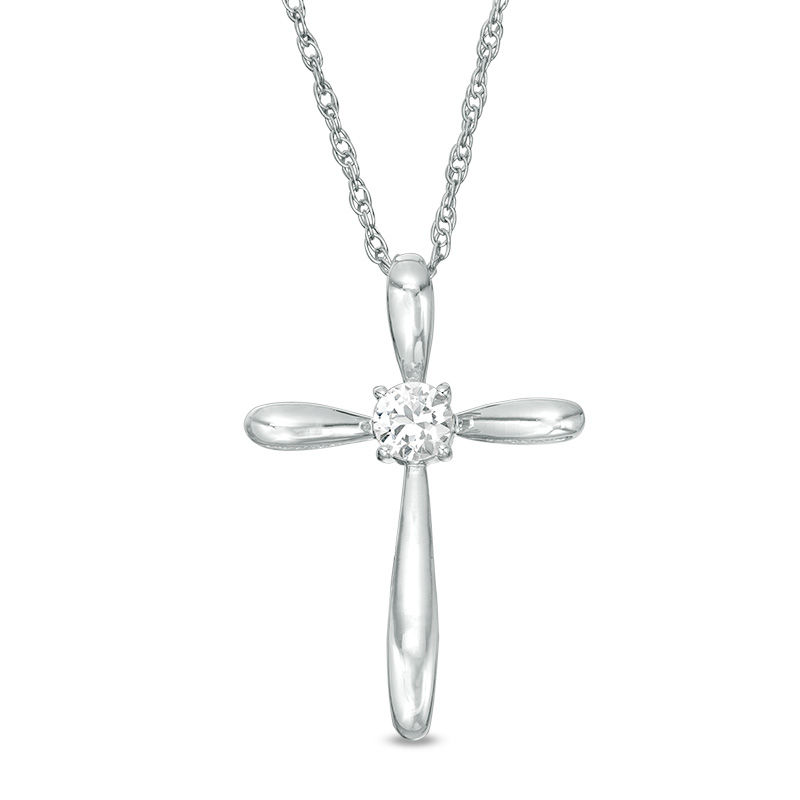 4.0mm Lab-Created White Sapphire Solitaire Cross Pendant in Sterling Silver