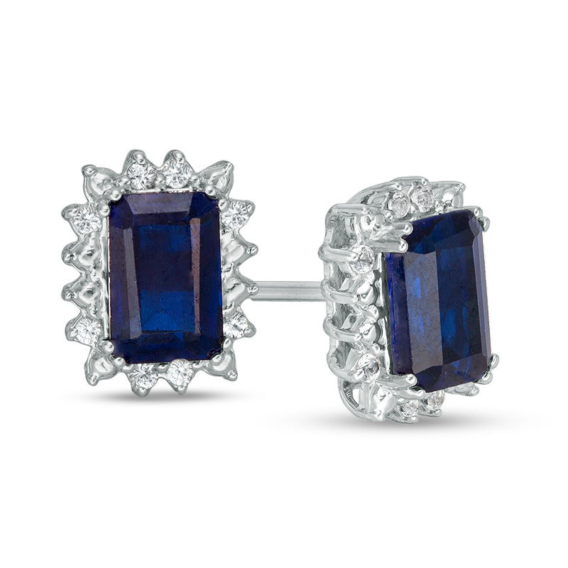Emerald-Cut Lab-Created Blue Sapphire and 1/15 CT. T.W. Diamond Frame Stud Earrings in 10K White Gold