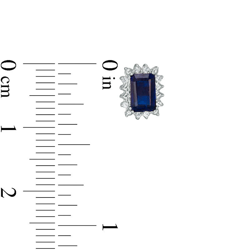 Emerald-Cut Lab-Created Blue Sapphire and 1/15 CT. T.W. Diamond Frame Stud Earrings in 10K White Gold