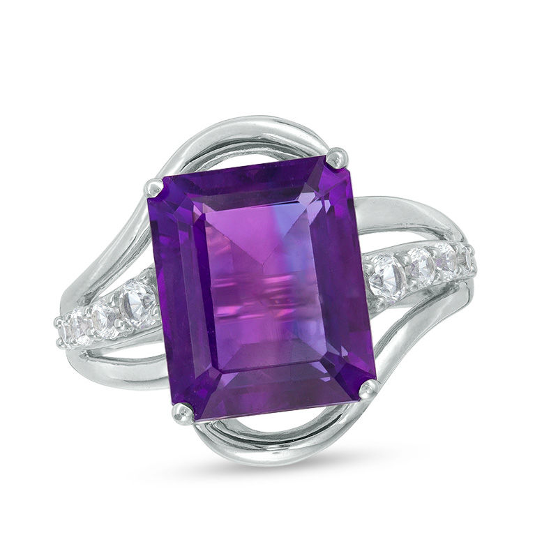 Main Image 1 of Emerald-Cut Amethyst and Lab-Created White Sapphire Bypass Ring in Sterling Silver